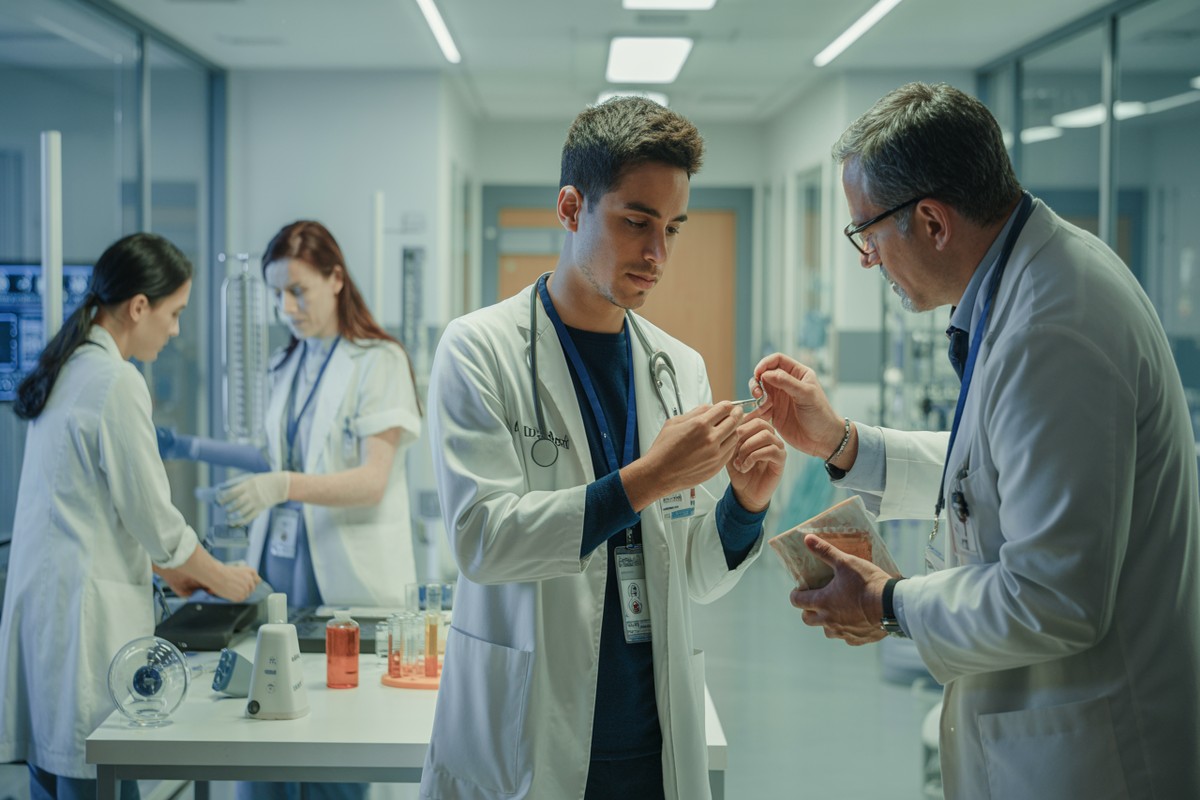 ANIOS arts stelt vitale monitor in naast patiënt op ziekenhuisgang