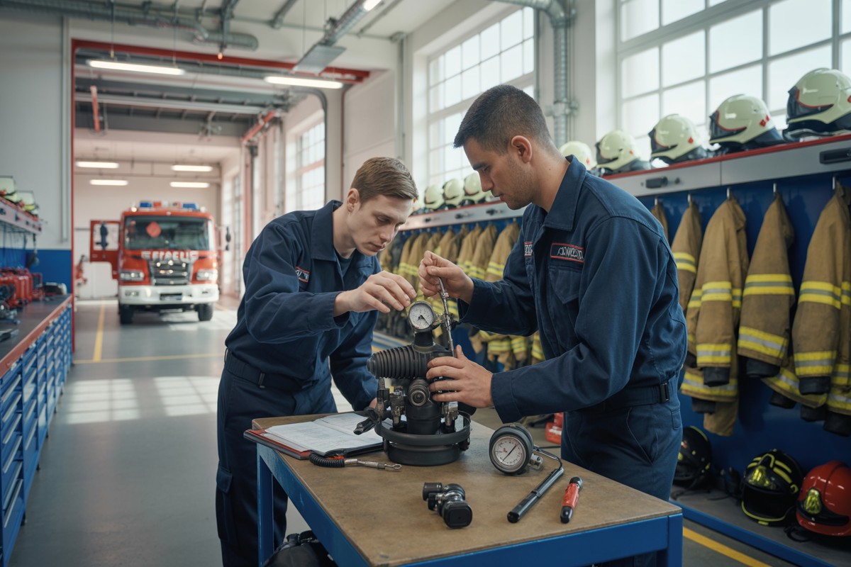 Twee brandweerlieden kalibreren ademluchttoestel in werkplaats brandweerkazerne