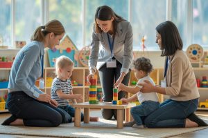 Toezichthouder beoordeelt kinderopvangmedewerkers tijdens speelse bouwactiviteit met peuters in opvang