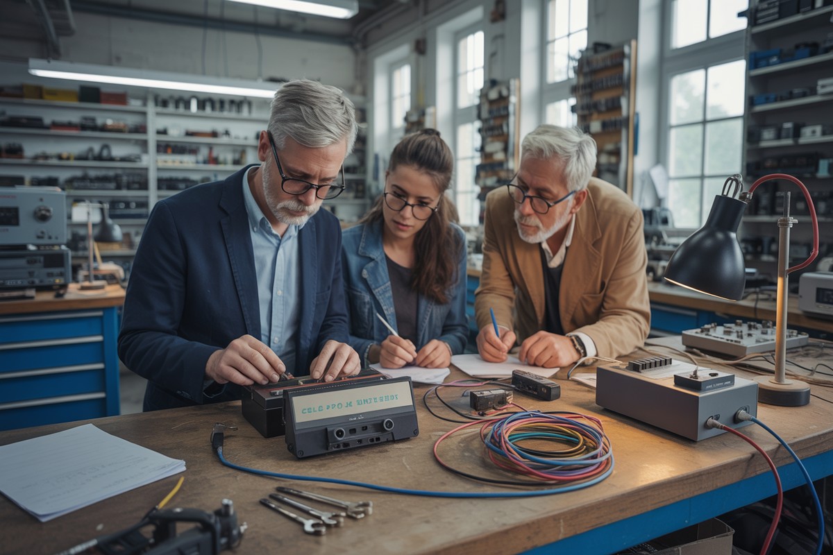 Generatie X technicus kalibreert analoog apparaat met jongere collega in werkplaats