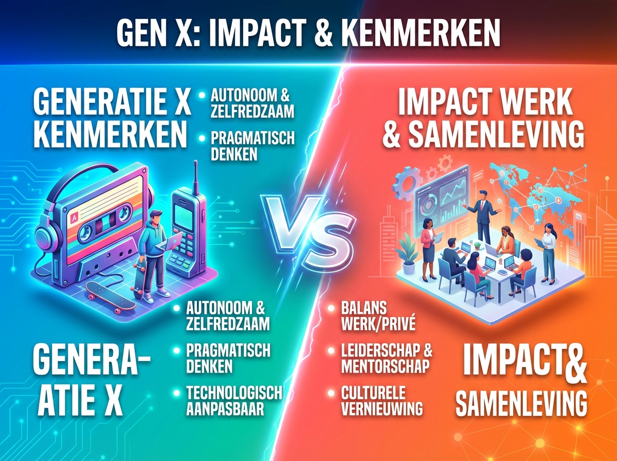 Infographie duel visual : Generation X kenmerken en hun impact op werk en samenleving