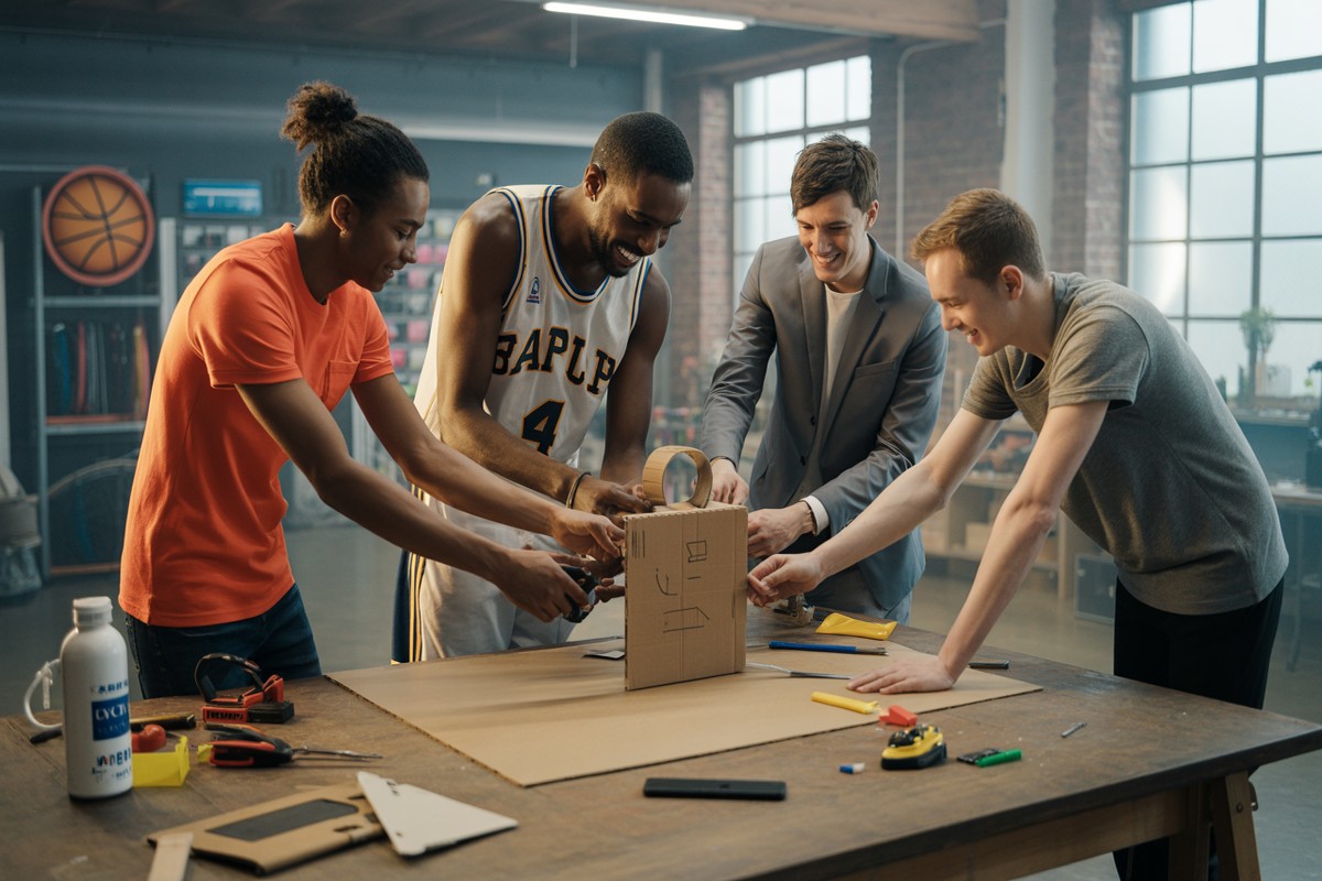 Team bouwt minimalistisch prototype terwijl sporter toekijkt in industriële werkruimte