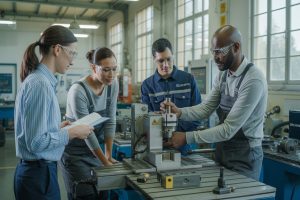 Volwassen cursisten stellen CNC-machine af in modern opleidingsatelier