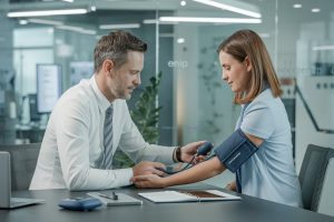 Bedrijfsarts meet bloeddruk medewerker in rustige bedrijfsruimte voor ziekmelding