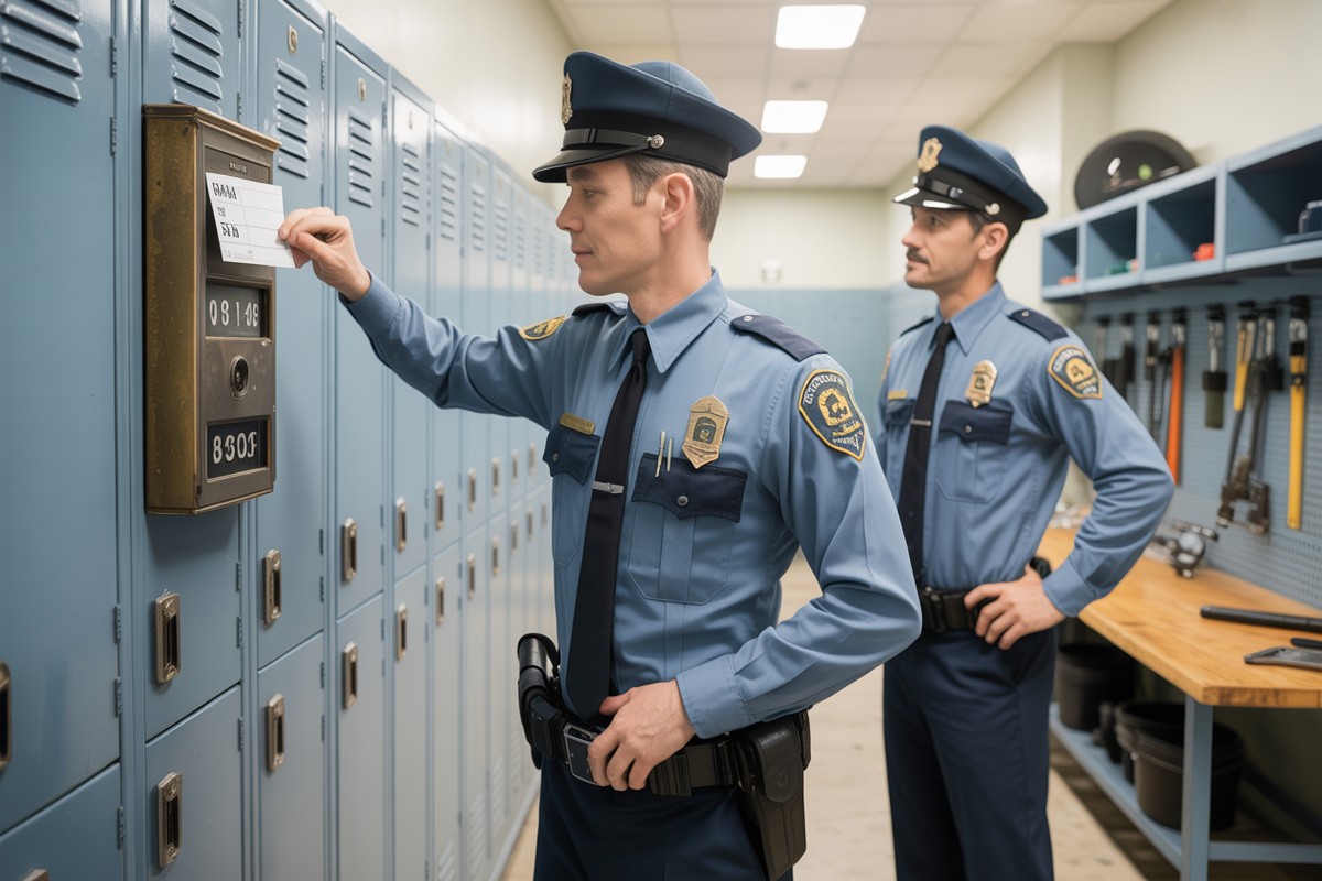 Twee BOA's klokken werktijd met prikkaart in moderne kleedruimte zonder tekst.