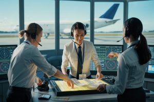 Luchtverkeersleiders verschuiven vluchtstrips in toren met zicht op startbaan