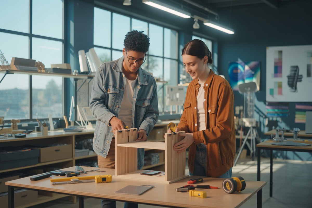 Twee professionals bouwen modulair bureau in lichte studio, handen aan houten onderdelen