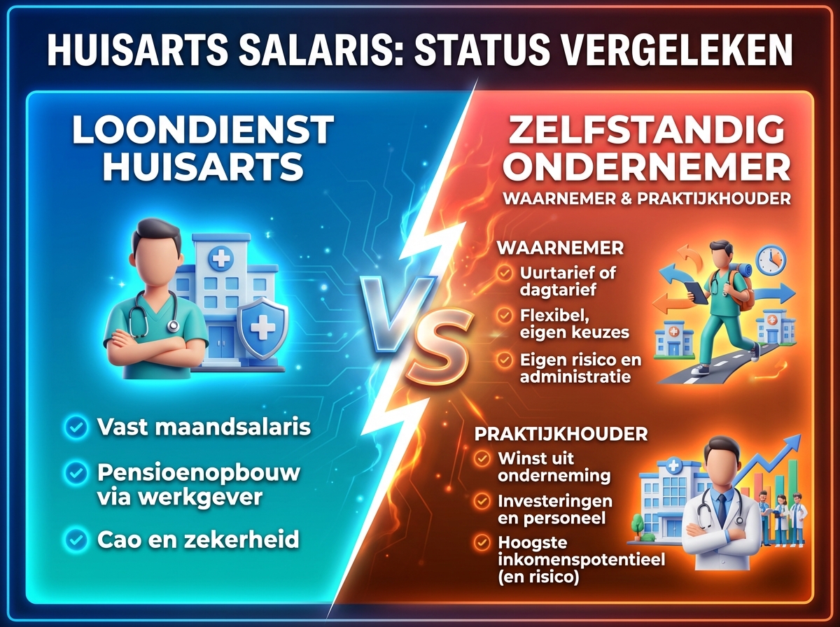 Infographie duel visual : Huisarts salaris per status: loondienst, waarnemer, praktijk
