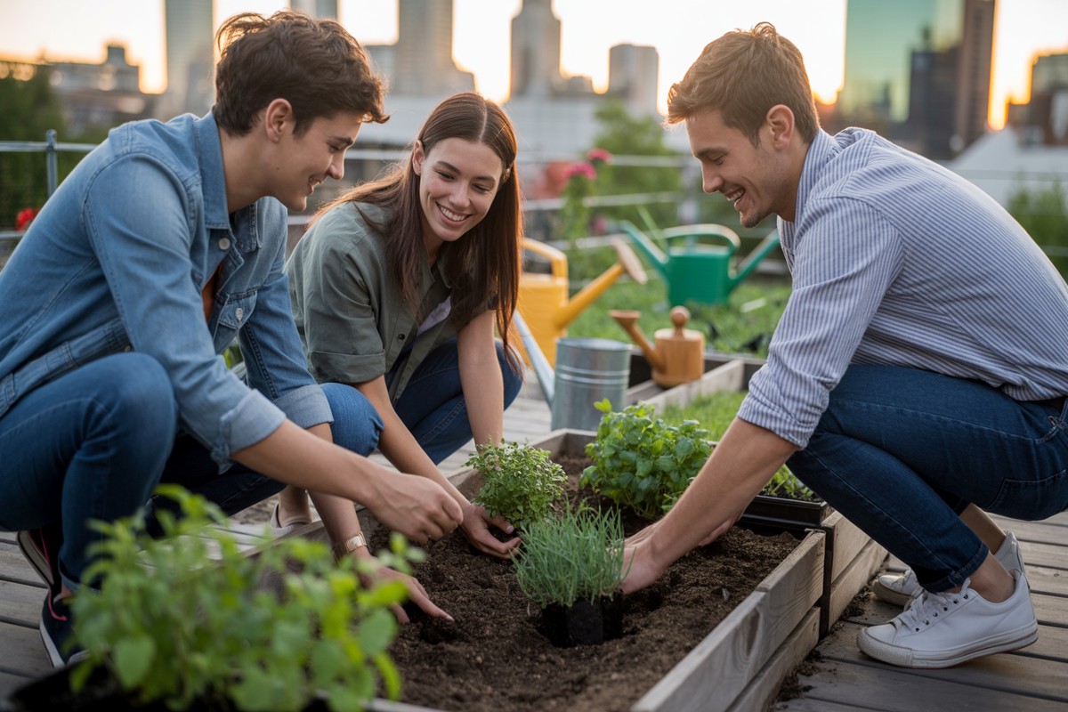 Drie jonge volwassenen planten verse kruiden in stedelijke daktuin bij avondzon