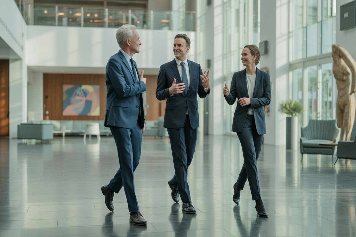 Drie ministers wandelen overleggend door moderne hal met glazen wanden, zakelijk en open.