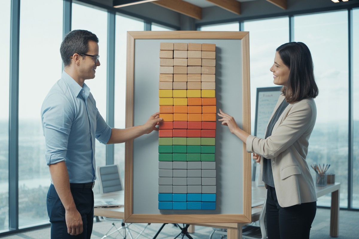 Twee professionals rangschikken gekleurde blokken op bord over salarisrange