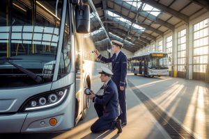 Buschauffeurs controleren ochtend vroeg bandenspanning en spiegel in ruim busdepot