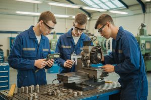 Jonge mbo-technici kalibreren machine in moderne werkplaats, focus op precisie en samenwerking