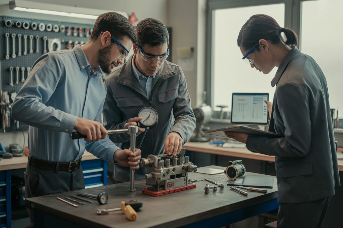 Driekoppig team kalibreert precisieapparaat in modern atelier, gefocuste samenwerking