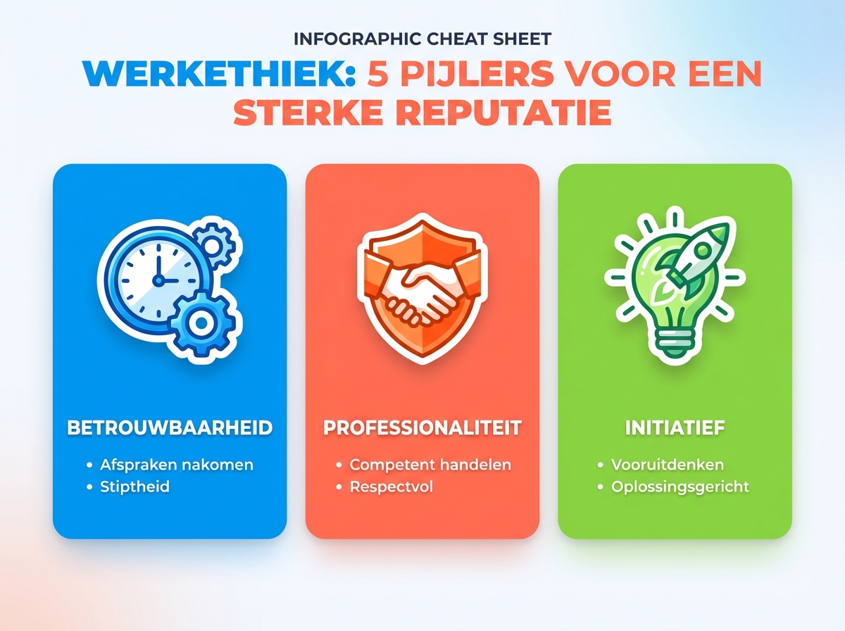 Infographie cheat sheet : Werkethiek: bouw een sterke reputatie in 5 pijlers