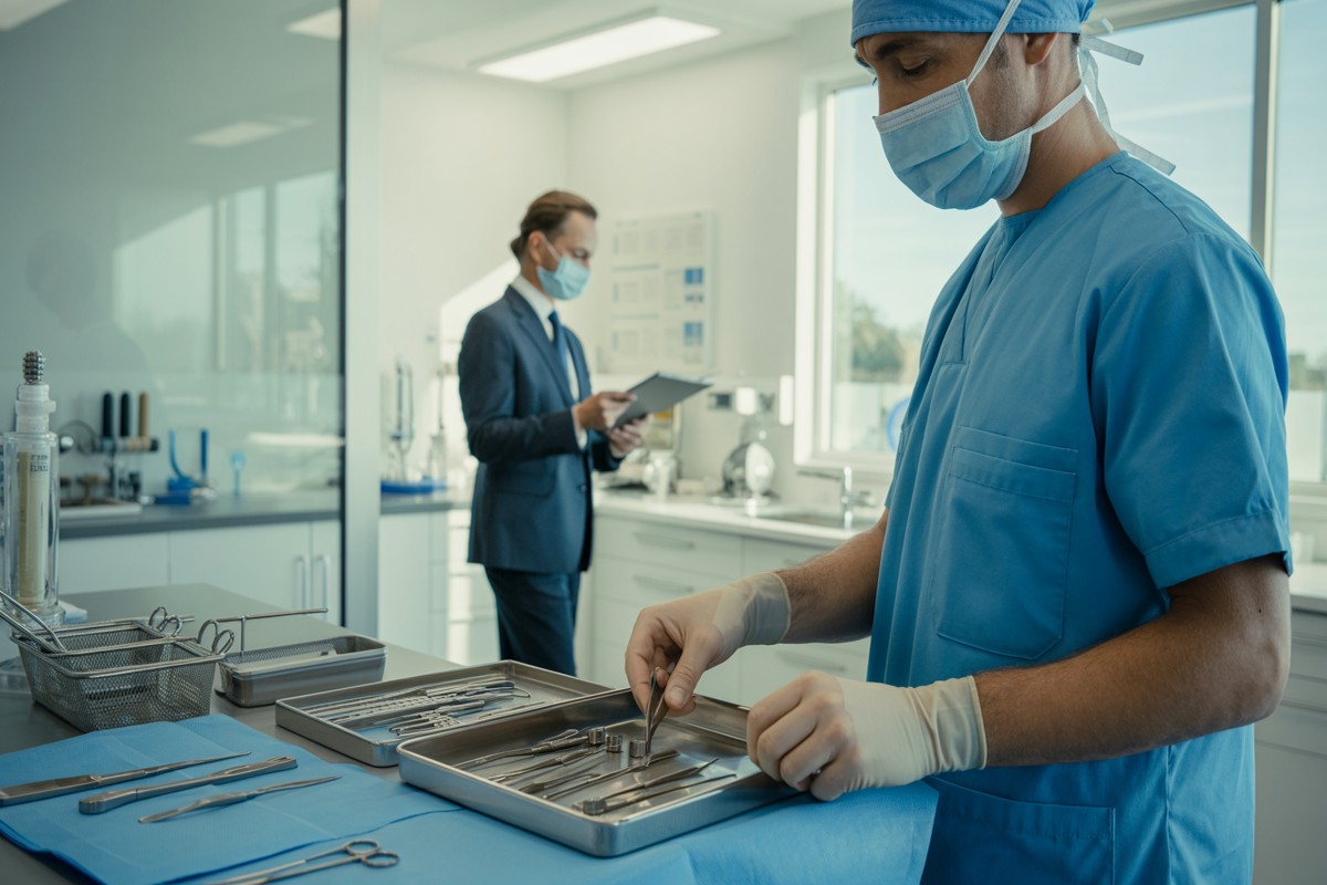 Kaakchirurg ordent instrumenten, collega bespreekt financiën in kliniekachtergrond