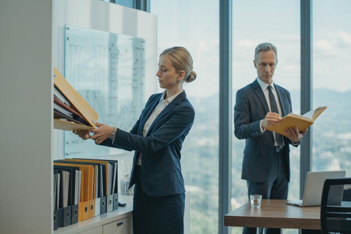 Paralegal ordent dossiers terwijl advocaat toezicht houdt in moderne vergaderruimte