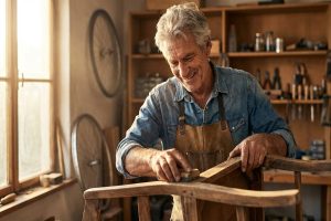 Een oudere man werkt geconcentreerd in een zonnige werkplaats aan een houten meubelstuk, symbool voor actief blijven na RVU.