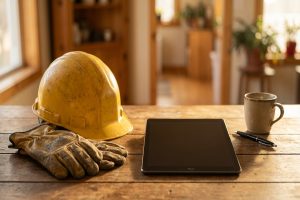 Versleten bouwhelmen en tablet op tafel voor aanvraag uitbetaling tijdspaarfonds