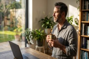 Een man staat ontspannen bij een raam met een kop koffie, met een gesloten laptop op de voorgrond die rust tijdens ziekteverzuim symboliseert