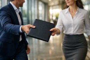 Manager overhandigt een formeel document aan een medewerker in een modern kantoor