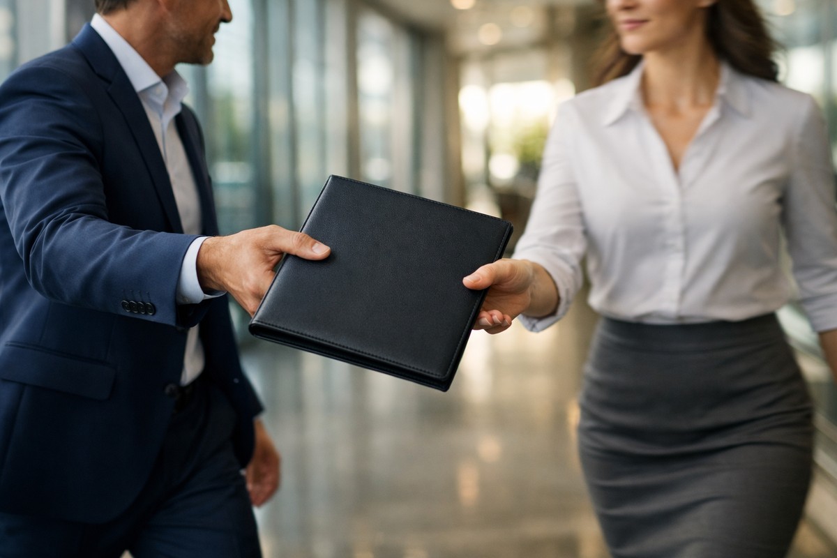 Manager overhandigt een formeel document aan een medewerker in een modern kantoor