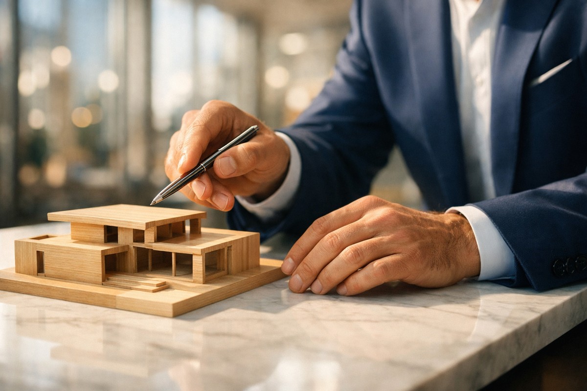 Professionele handen in maatpak die een architecturaal model van een huis aanwijzen