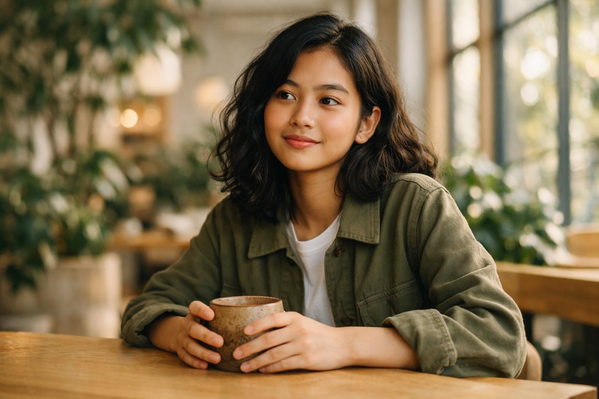 Jonge zelfverzekerde vrouw kijkt ontspannen vooruit in een lichte, moderne en groene koffiebar.
