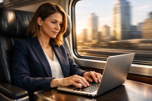 Professional werkt geconcentreerd op een laptop tijdens een treinreis in de ochtend