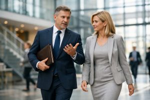 Twee strategische beleidsmakers in actief overleg in een modern overheidsgebouw