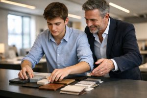 Jonge leerling krijgt praktijkbegeleiding van een ervaren mentor in een moderne werkomgeving.