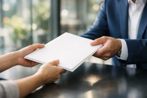 Een jongvolwassene overhandigt officiële documenten aan een adviseur in een modern kantoor.