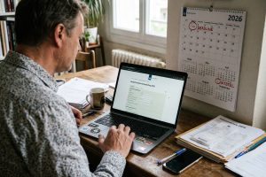 Persoon vult belastingaangifte 2026 in op laptop met kalender gemarkeerd op 1 mei deadline en uitstel tot 1 september