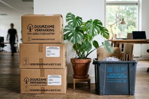 Duurzame kartonnen verzenddozen naast een recyclingbak en een groene plant