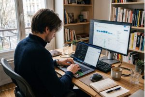 Ambitieuze professional werkt gefocust op een laptop vanuit huis
