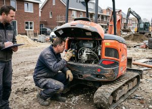 Grondige technische inspectie van een tweedehands oranje minigraver op een bouwplaats