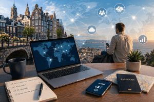 Ondernemer die met een laptop op een terras werkt tijdens vakantie, met op de achtergrond een tropisch strand. Symbool voor flexibel internationaal ondernemerschap met digitale tools