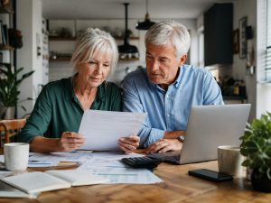 Koppel dat hun spaargeld en pensioenbudget bekijkt aan de keukentafel in 2026