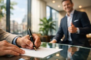 Jonge professional tekent Wajong-document in lumineus modern adviseurskantoor