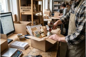 Ondernemer verpakt zorgvuldig een bestelling in een stevige kartonnen doos voor de verzending van zijn webshop