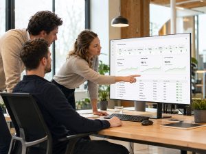 Team professionals bespreekt een dashboard met geoptimaliseerde bedrijfsprocessen na een AI-opleiding