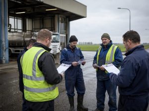 FNV-vakbondsleden delen flyers uit bij de poort van een zuivelfabriek tijdens de poortacties op maandag 18 mei 2026