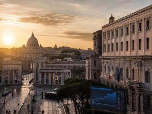 Rome bij zonsopgang in een realistische illustratie over de oplopende schuldenstrijd tussen Italië en Griekenland