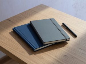 Twee notitieboeken op een houten tafel, zonder tekst