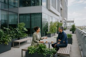 Twee collega's in gesprek op een rustig buitenterras bij kantoor