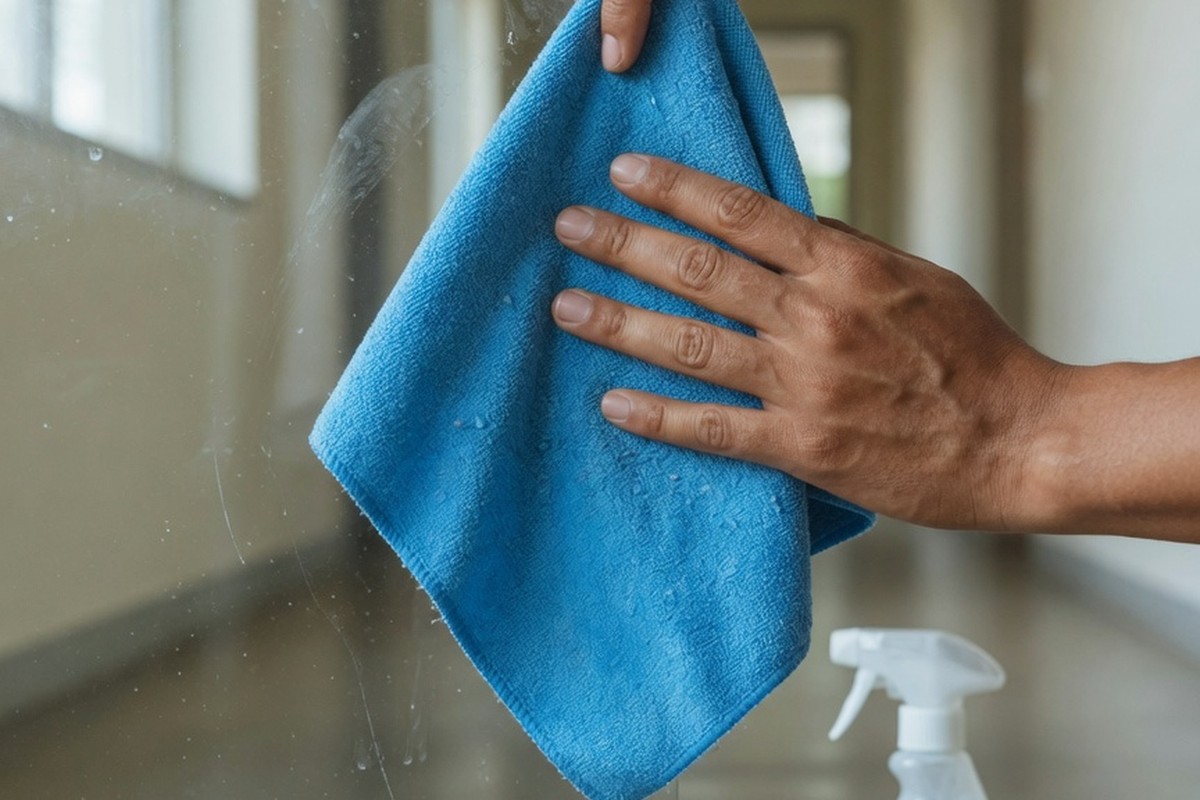 Handen met microvezeldoek en EU Ecolabel fles bij glaswand