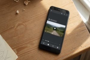 Smartphone op een bureau met een gedownload videobestand
