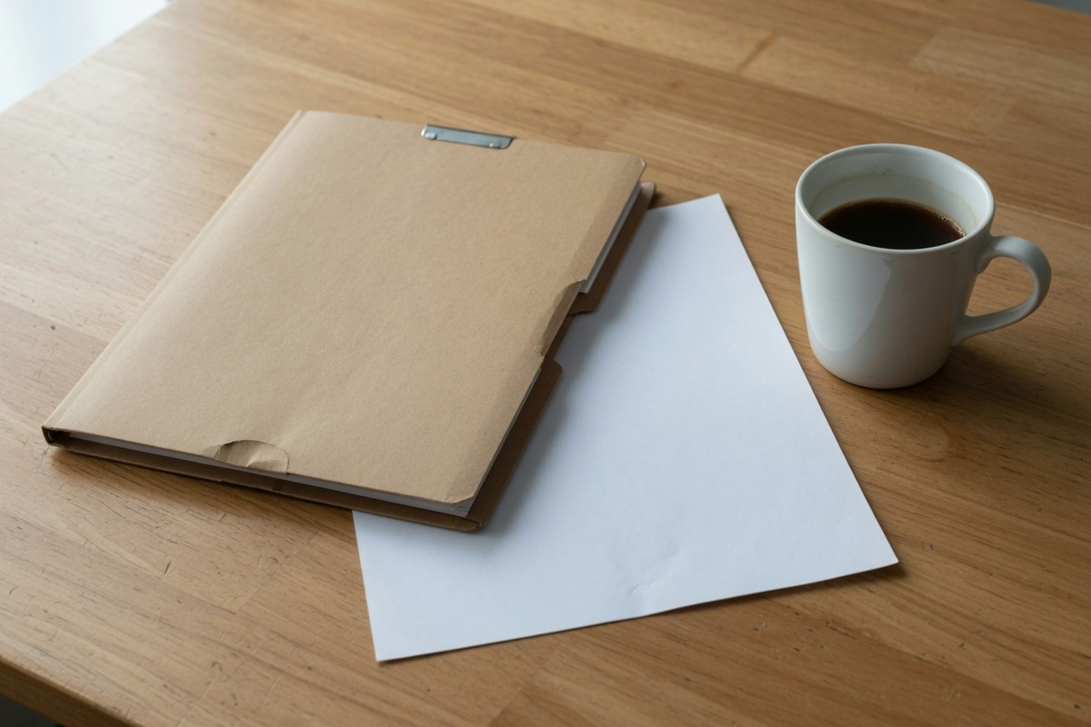 Dichte map, leeg vel en koffiekop op een houten bureau