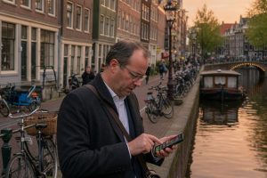 Man loopt langs gracht in Amsterdam tijdens gouden uur