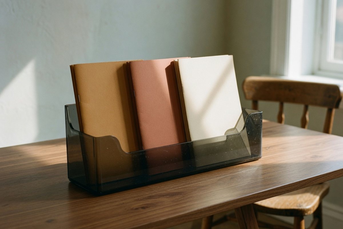 Drie dikke folders in een houder van rookglas op een houten tafel, ochtendlicht.